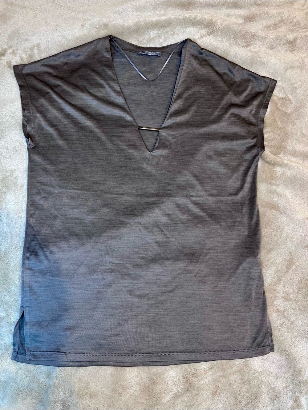 Zara Gray Deep V Silver‎ Bar Detail Top Medium